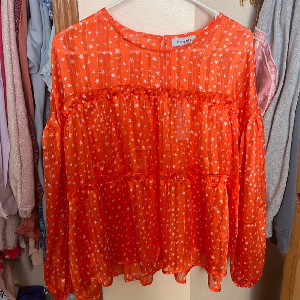Love@fs orange star long sleeve top; size L